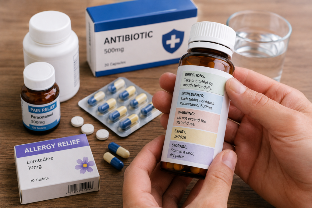 Person reading a medicine label correctly to check dosage instructions, ingredients, expiry date, warnings, storage directions, and prescription information before using medication.