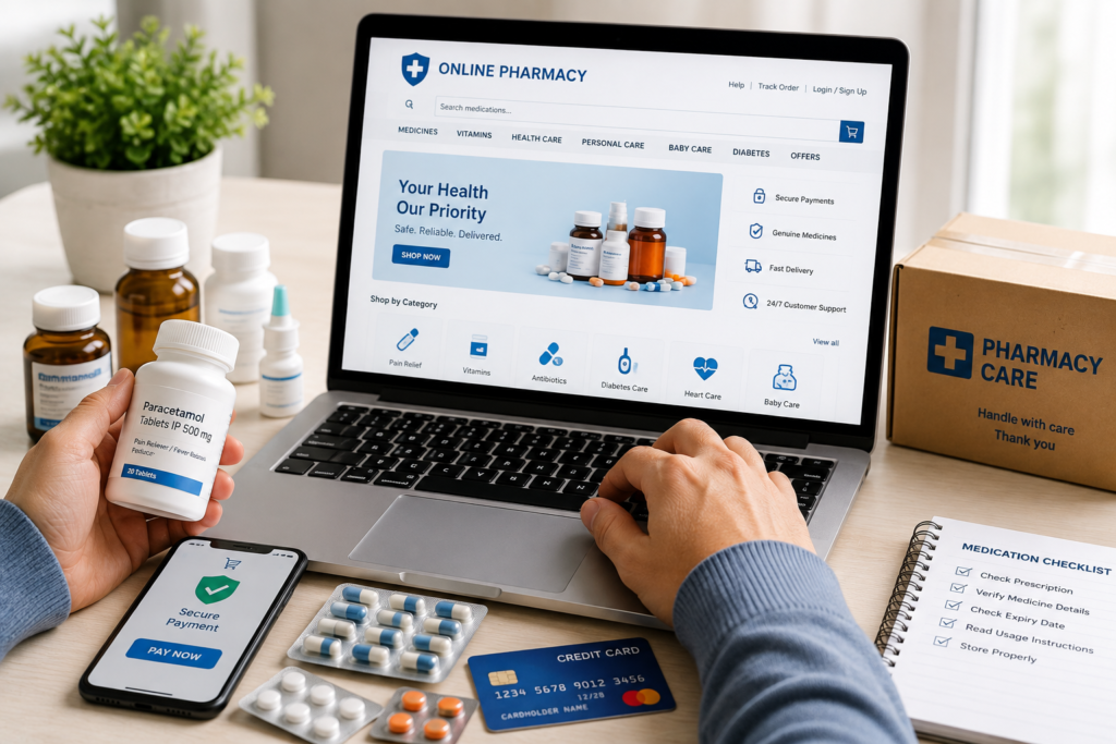 Customer buying medicines online safely from a trusted pharmacy website using secure payment and verified prescription medication.